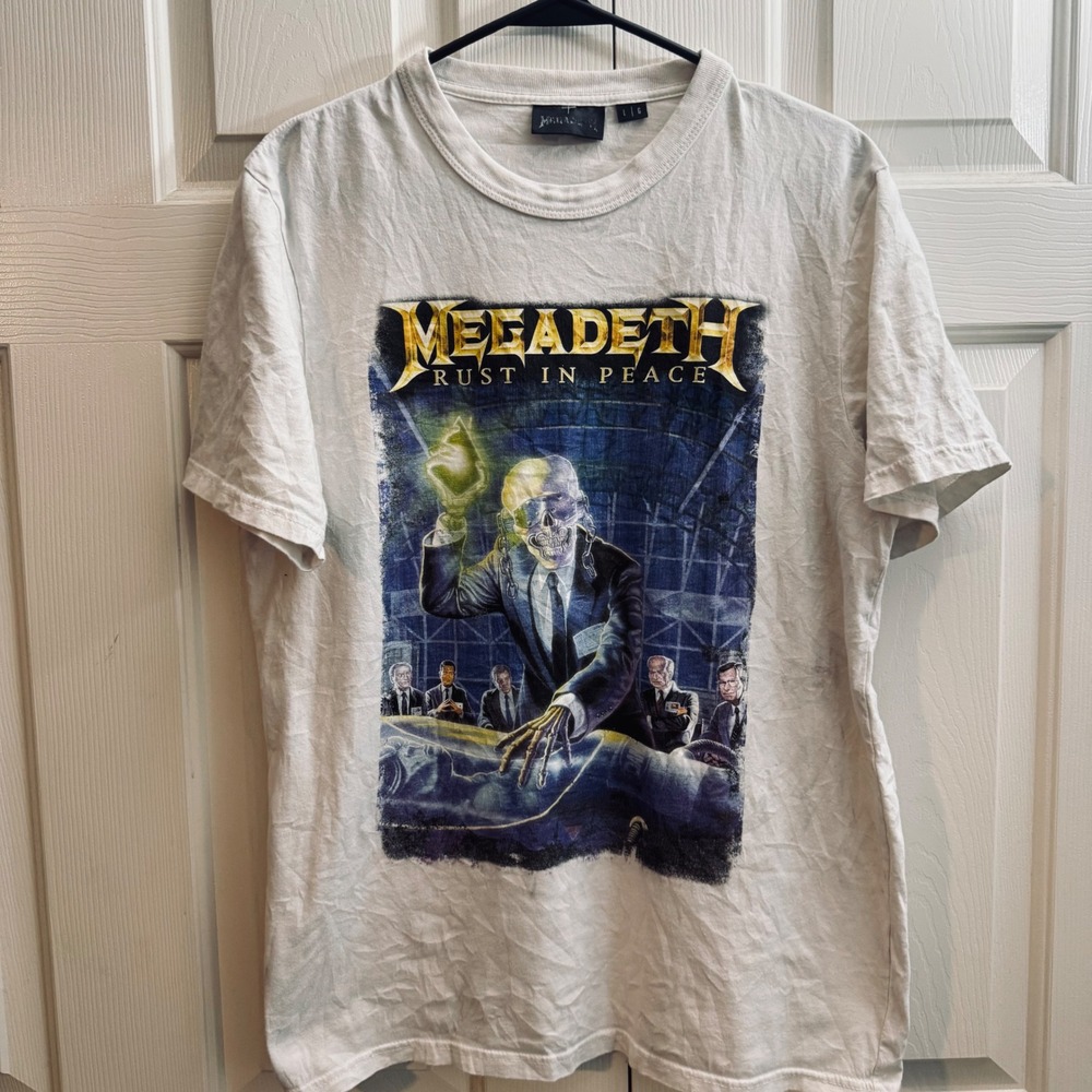 Megadeth Rust in Peace 90'sGraphic TShirt Mens Large White Band T Vic Rattlehead